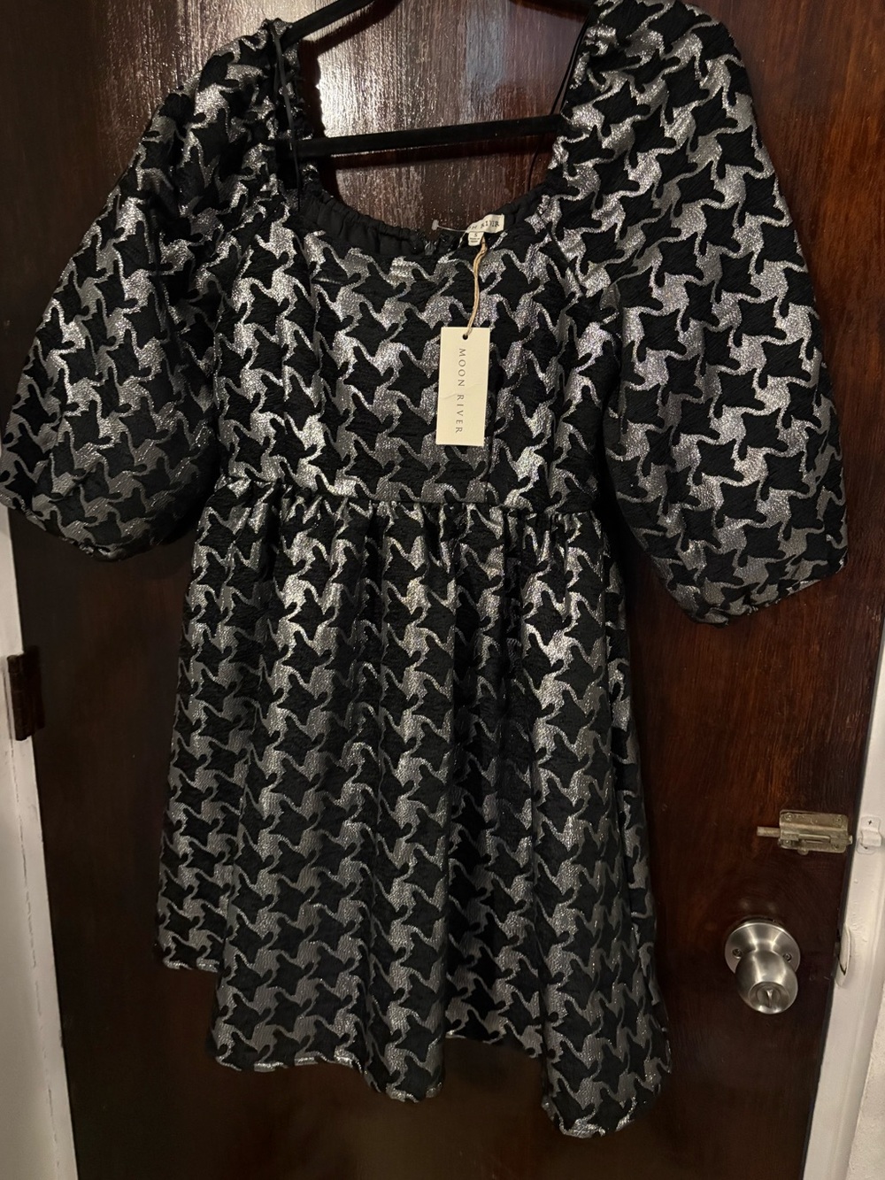NWT Moon River Black & Silver Metallic Houndstooth Puff Sleeve Midi Dress Size S